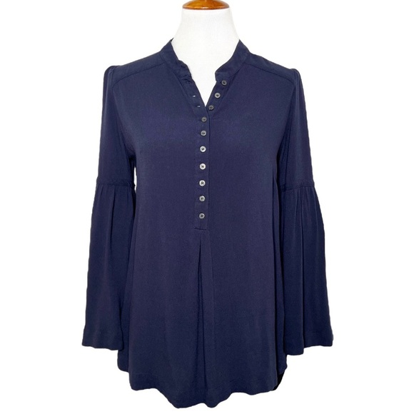 Free People Navy Blue Henley 3/4 Bell Sleeve High Low Tunic Peasant Top - Picture 2 of 15
